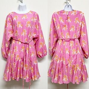 J Marie Poppy Floral Print Crew Neck Puff Long Sleeve Belted A Line Dress